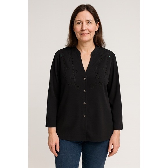 Covington Tops - Covington Black Button Front Embroidered Flower Detail V-Neck Blouse Top XL 18